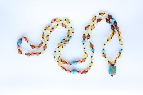 amber turquoise mala beads necklace