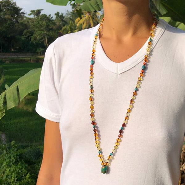 amber turquoise mala beads necklace