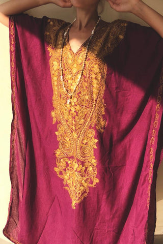 Hand-embroidered ethnic tunic - burgundy & gold